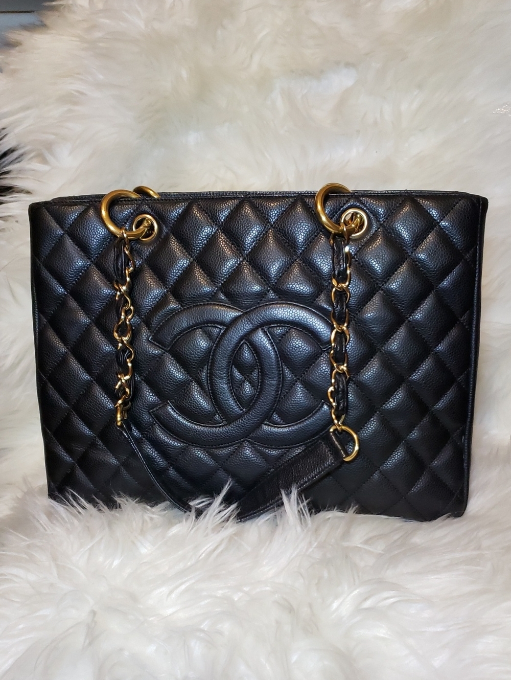 Classic Quilted Black Leather Tote with Gold Chain Handles